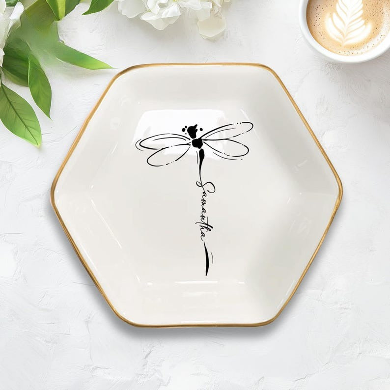 Personalized Dragonfly Jewelry Dish, Ring Tray for Women, Inspirational Gift for Her, Maid Of Honor Gift, Grandma Gift,Nature Lover Keepsake