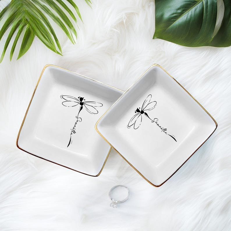 Personalized Dragonfly Jewelry Dish, Ring Tray for Women, Inspirational Gift for Her, Maid Of Honor Gift, Grandma Gift,Nature Lover Keepsake