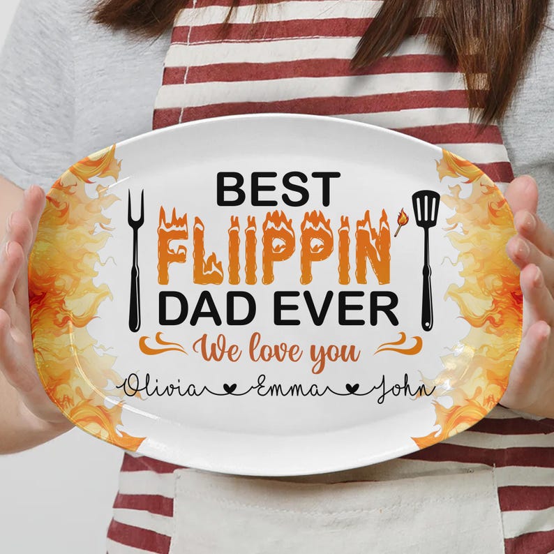 Custom Best Flippin' Dad Ever With Kids' Names, Personalized Grilling Platter For Daddy, Father's Day Gifts, Funny Gift for Dad, Platter BBQ