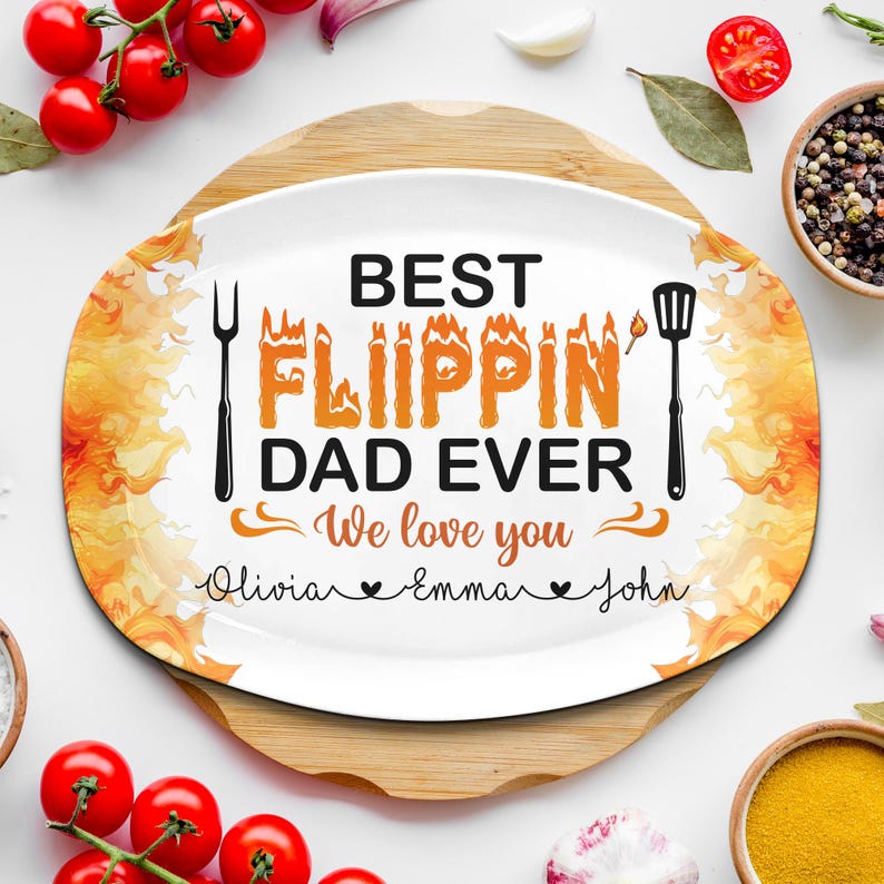 Custom Best Flippin' Dad Ever With Kids' Names, Personalized Grilling Platter For Daddy, Father's Day Gifts, Funny Gift for Dad, Platter BBQ