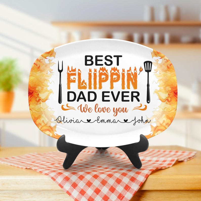 Custom Best Flippin' Dad Ever With Kids' Names, Personalized Grilling Platter For Daddy, Father's Day Gifts, Funny Gift for Dad, Platter BBQ