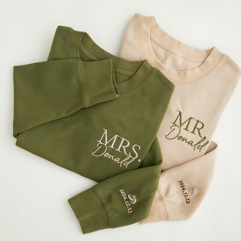 Personalised Mr Mrs Embroidered Sweatshirt - Date on Sleeve, Honeymoon Sweatshirt, Bridal Shower Gift, Couple's Hoodie, Honeymoon Wear