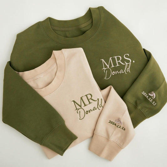 Personalised Mr Mrs Embroidered Sweatshirt - Date on Sleeve, Honeymoon Sweatshirt, Bridal Shower Gift, Couple's Hoodie, Honeymoon Wear