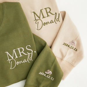 Personalised Mr Mrs Embroidered Sweatshirt - Date on Sleeve, Honeymoon Sweatshirt, Bridal Shower Gift, Couple's Hoodie, Honeymoon Wear