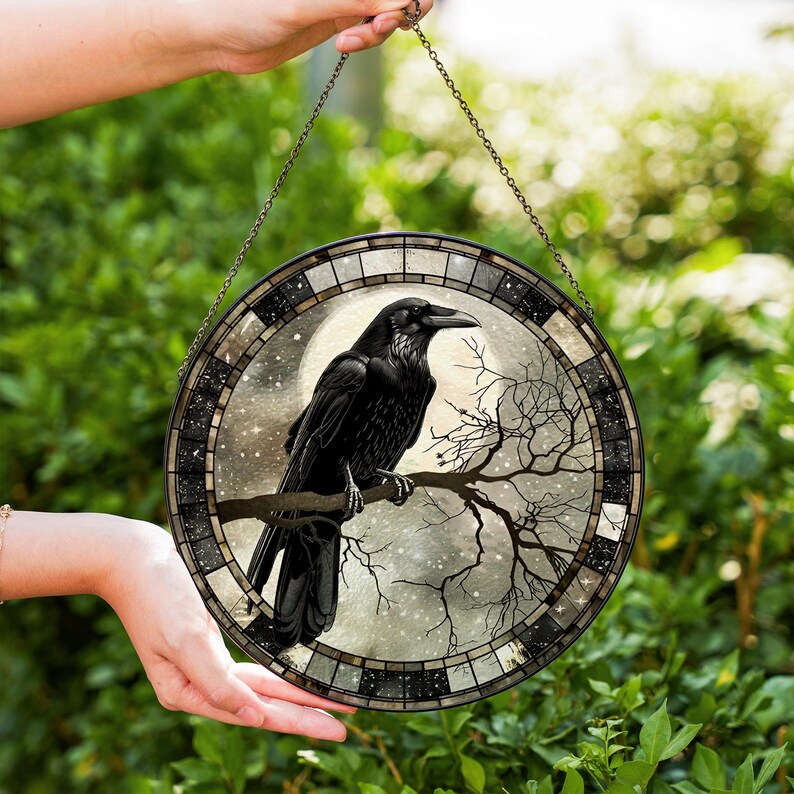 Raven Stained Glass Suncatcher, Gothic Crow Window Hanging, Unique Indoor Home Decor, Halloween Gift, Housewarming Gift Idea for Dark Theme