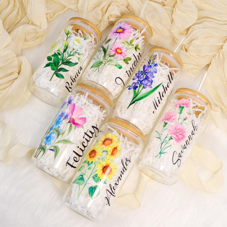 Personalized Birth Flower Tumblers | Custom Glass Coffee cup | Gifts for Her | Mothers Day | Customized gifts for any occasion