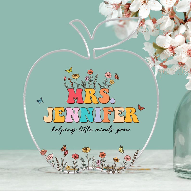 Customized Teacher Acrylic Block Desk Sign, Teacher Desk Name Plate, Teacher Appreciation, Helping Little Minds Grow Acrylic Teacher Block