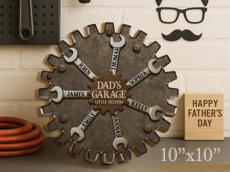 Personalized Garage Sign for Dad, Custom Father's Day Gift with Kids' Names, Rustic Workshop Wall Decor, Grandpa Wood Sign, Little Helpers