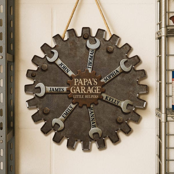 Personalized Garage Sign for Dad, Custom Father's Day Gift with Kids' Names, Rustic Workshop Wall Decor, Grandpa Wood Sign, Little Helpers