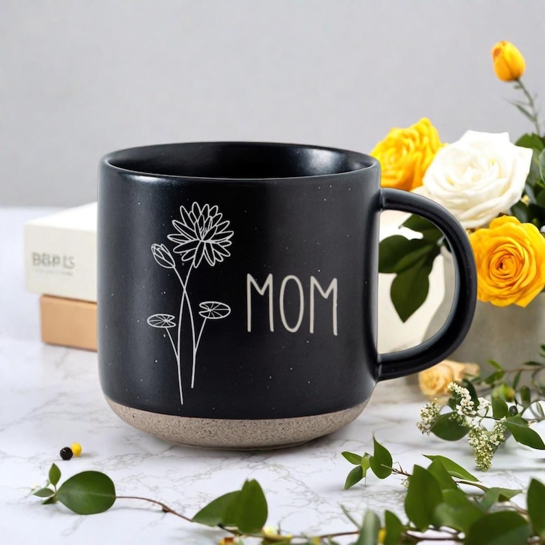 Engraved Birth Flower Coffee Mug: Personalized Pottery Gift