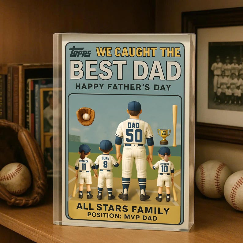 We Caught the Best Dad Vintage Baseball Trading Card Style Acrylic Block Personalized Father s Day Gift for Dad, Grandpa, or Husband