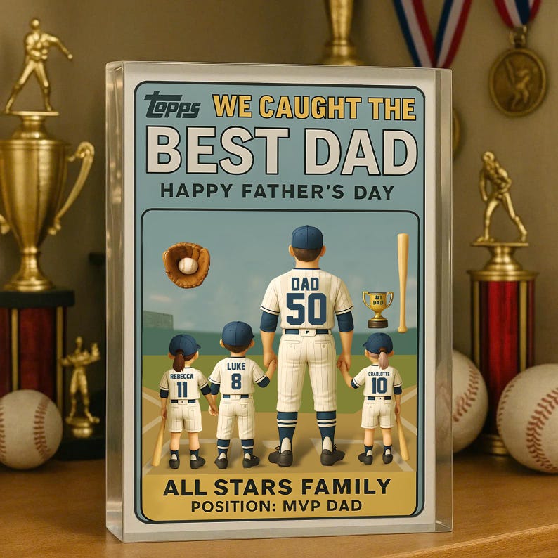 We Caught the Best Dad Vintage Baseball Trading Card Style Acrylic Block Personalized Father s Day Gift for Dad, Grandpa, or Husband