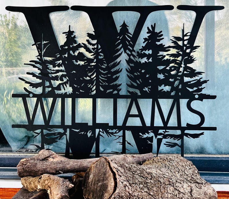 Custom Pine Tree Design Monogram Metal Sign, Family Name Sign, Forest Style Monogram, Last Name Decor, Personalized Wedding Anniversary Gift