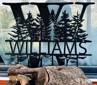 Custom Pine Tree Design Monogram Metal Sign, Family Name Sign, Forest Style Monogram, Last Name Decor, Personalized Wedding Anniversary Gift
