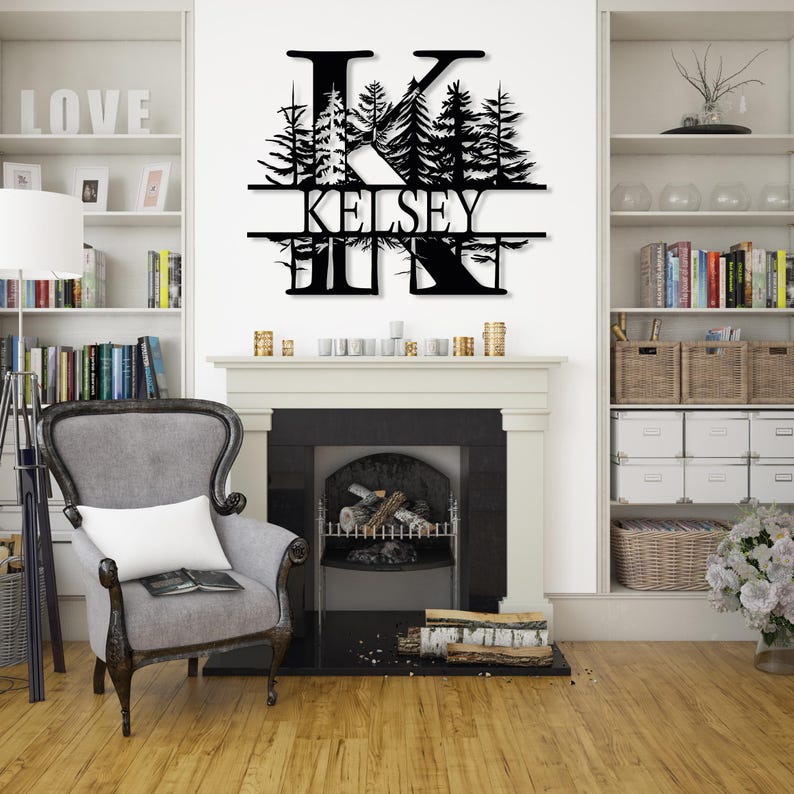 Custom Pine Tree Design Monogram Metal Sign, Family Name Sign, Forest Style Monogram, Last Name Decor, Personalized Wedding Anniversary Gift