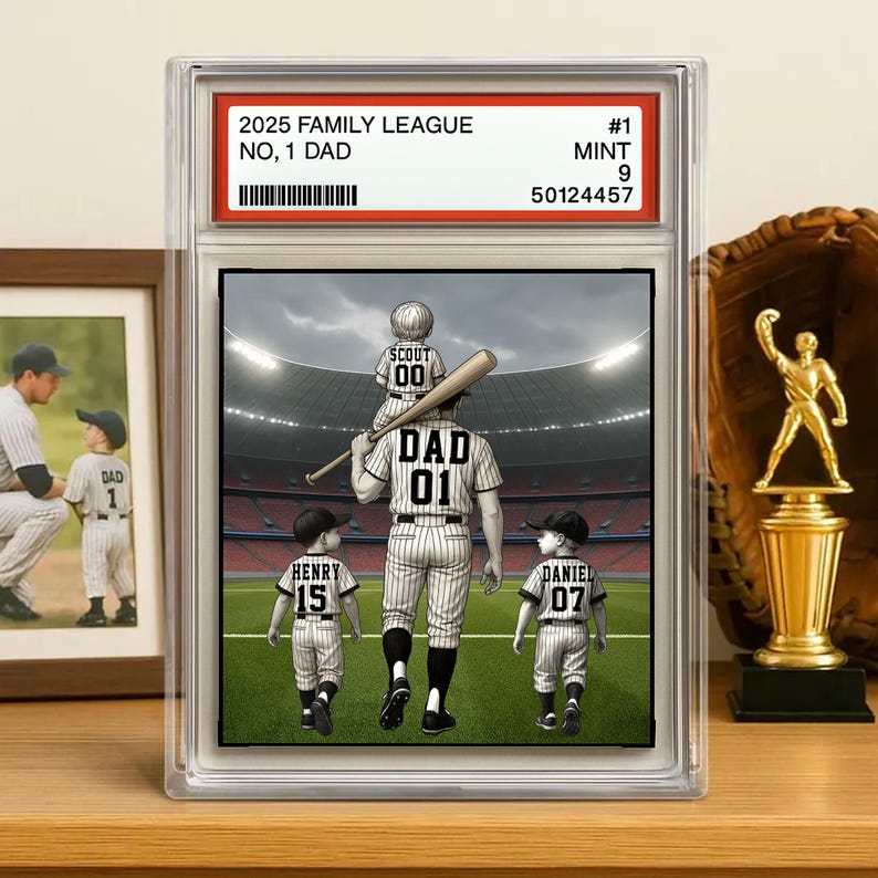 Baseball No. 1 Dad Grandpa Man & Kids Trading Card Style Personalized Acrylic Block Plaque Father's Day Gift for Baseball Dad, Husband Gift