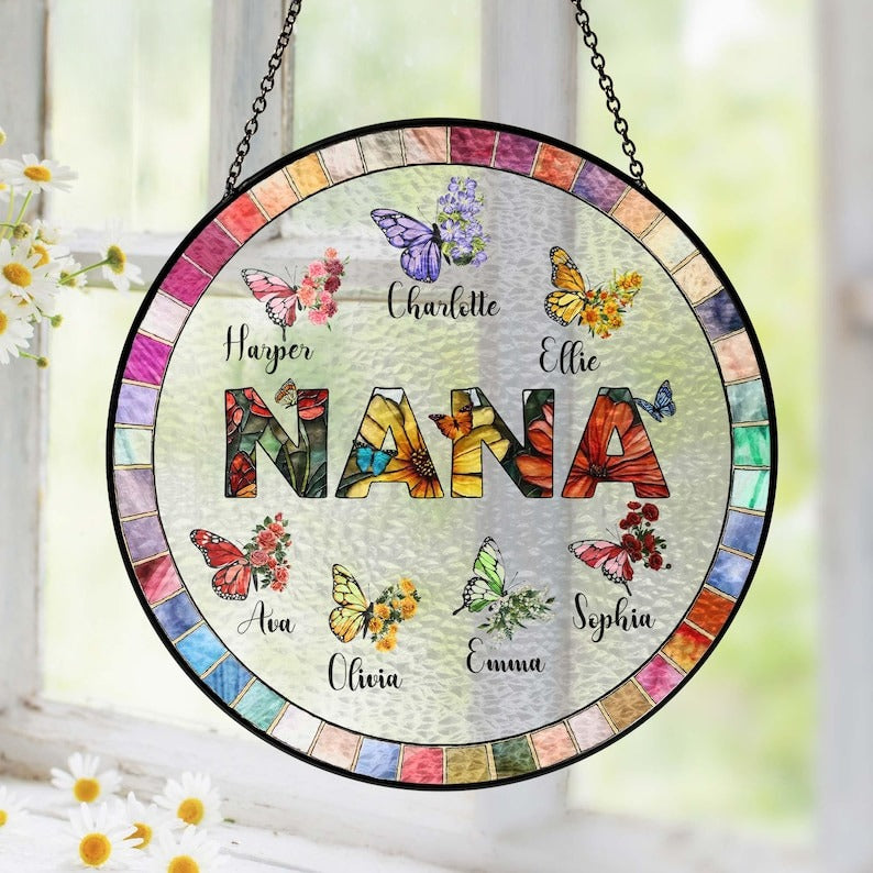 Personalized Nana Glass Suncatcher, Christmas Gift for Grandma, Custom Butterfly & Birth Month Flower with Grandkids Names
