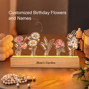 Grandma's Garden Birth Month Flowers Personalized Acrylic LED Night Light,Custom Floral LED Ligh with Your Name,Christmas Gifts for Mom Nana