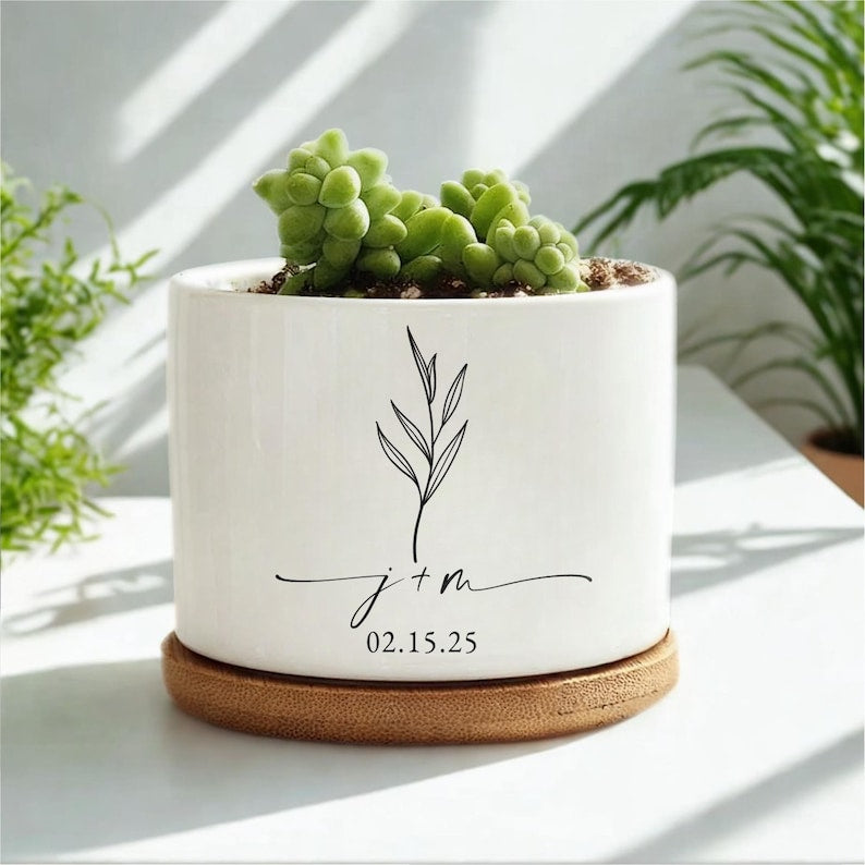 Personalized Engagement Ceramic Plant Pot, Custom Newly Engaged Plant Pot, Engagement Gifts, Wedding Gifts for Couple, Bridal Shower Gifts