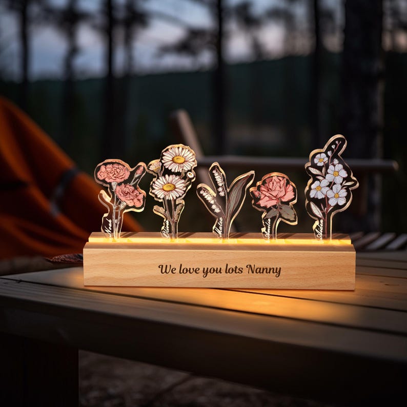 Grandma's Garden Birth Month Flowers Personalized Acrylic LED Night Light,Custom Floral LED Ligh with Your Name,Christmas Gifts for Mom Nana