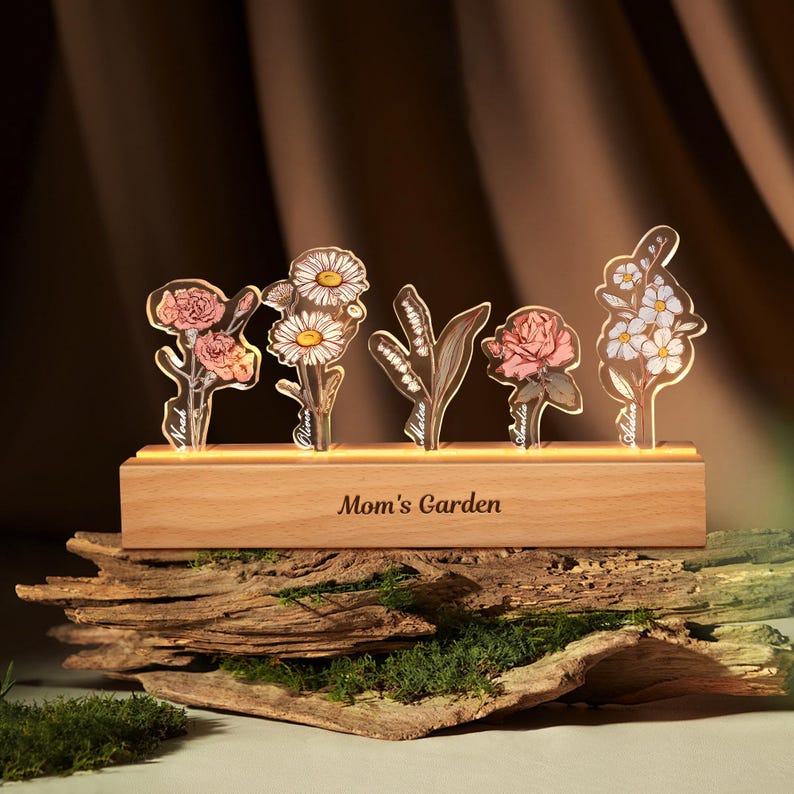 Grandma's Garden Birth Month Flowers Personalized Acrylic LED Night Light,Custom Floral LED Ligh with Your Name,Christmas Gifts for Mom Nana