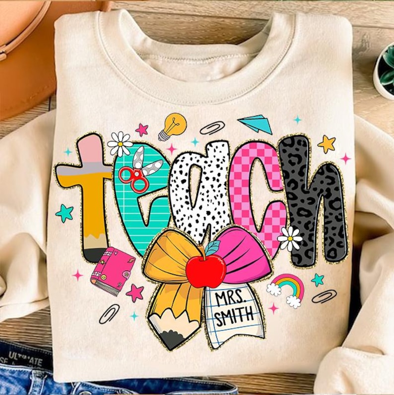 Preppy Teacher Pencil Coquette Bow Doodle Shirt, Custom Teacher Name T-Shirt, Preppy Teach Love Inspire Shirt, Leopard