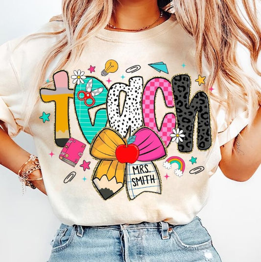 Preppy Teacher Pencil Coquette Bow Doodle Shirt, Custom Teacher Name T-Shirt, Preppy Teach Love Inspire Shirt, Leopard