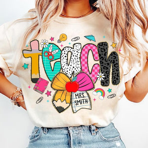 Preppy Teacher Pencil Coquette Bow Doodle Shirt, Custom Teacher Name T-Shirt, Preppy Teach Love Inspire Shirt, Leopard