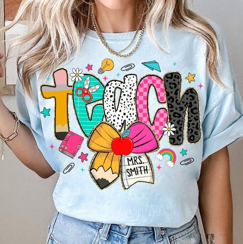 Preppy Teacher Pencil Coquette Bow Doodle Shirt, Custom Teacher Name T-Shirt, Preppy Teach Love Inspire Shirt, Leopard