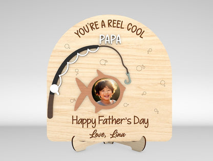 Personalized Fathers Day Fishing Photo Frame, Reel cool dad Photo Wood Sign, Fishing dad Gift