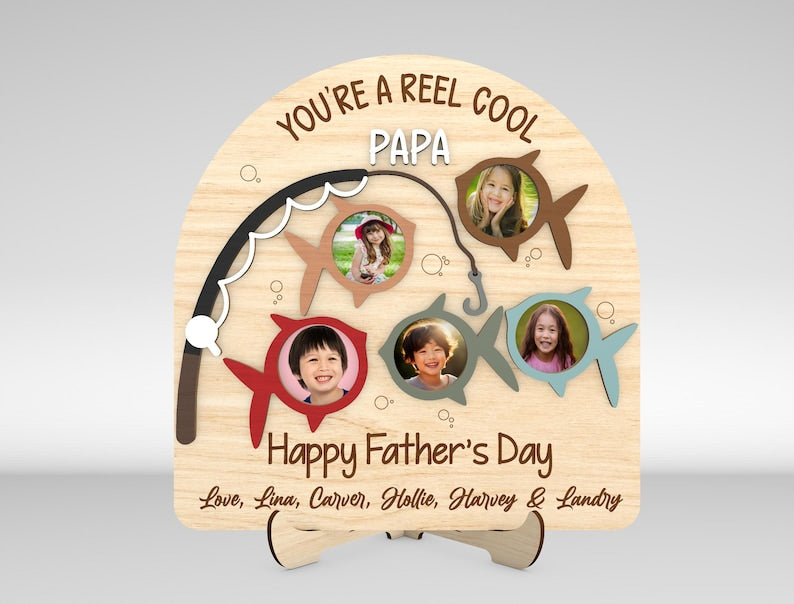 Personalized Fathers Day Fishing Photo Frame, Reel cool dad Photo Wood Sign, Fishing dad Gift