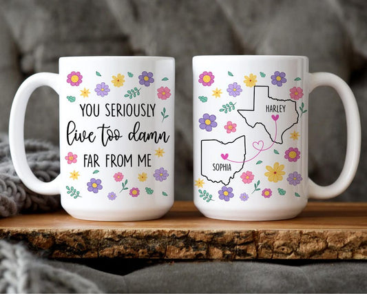 Long Distance Friend Mug, You Seriously Live Too Damn Far From Me, Custom State To State Mug, Best Friends Gifts, Birthday Gift, Bff Gift