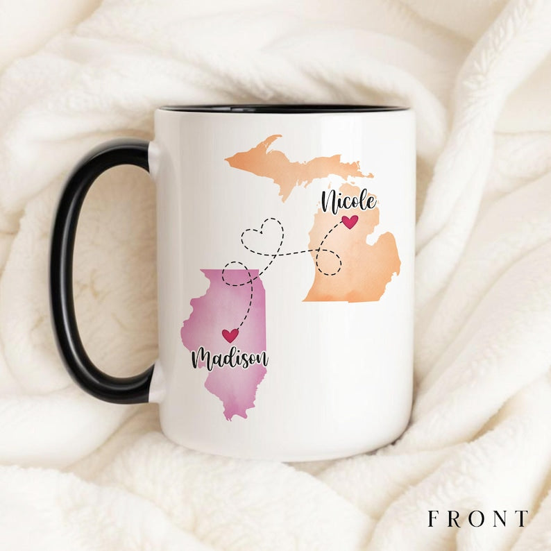 Custom Coffee Mug | Friendship Knows No Distance | Personalized Long Distance State To State Gift