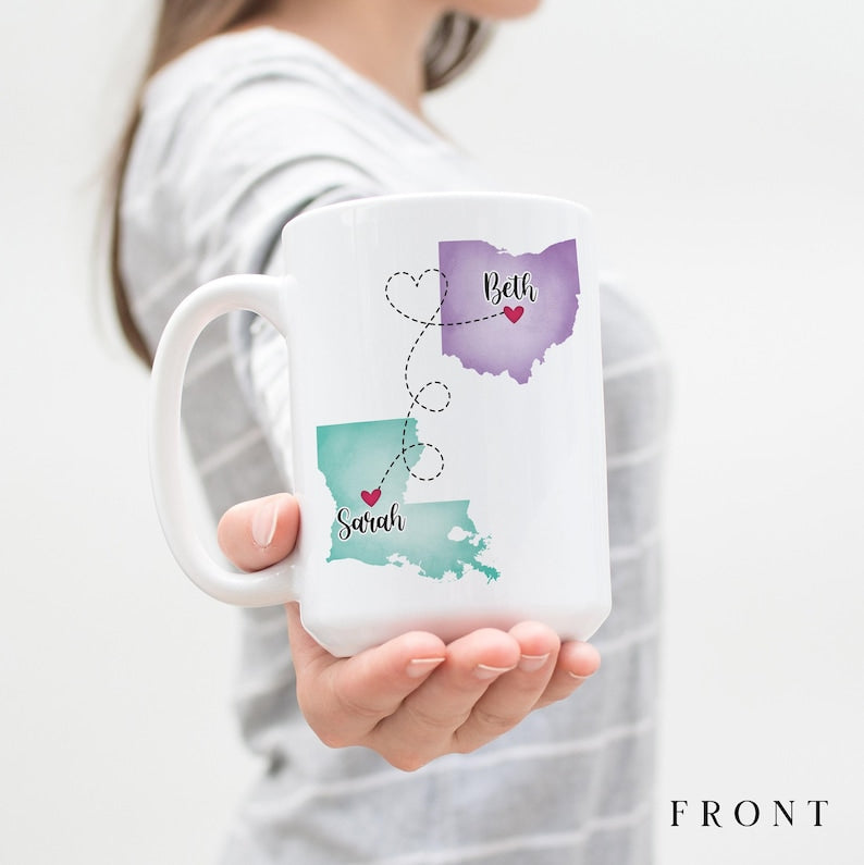Custom Coffee Mug | Friendship Knows No Distance | Personalized Long Distance State To State Gift