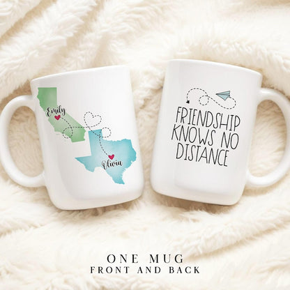 Custom Coffee Mug | Friendship Knows No Distance | Personalized Long Distance State To State Gift