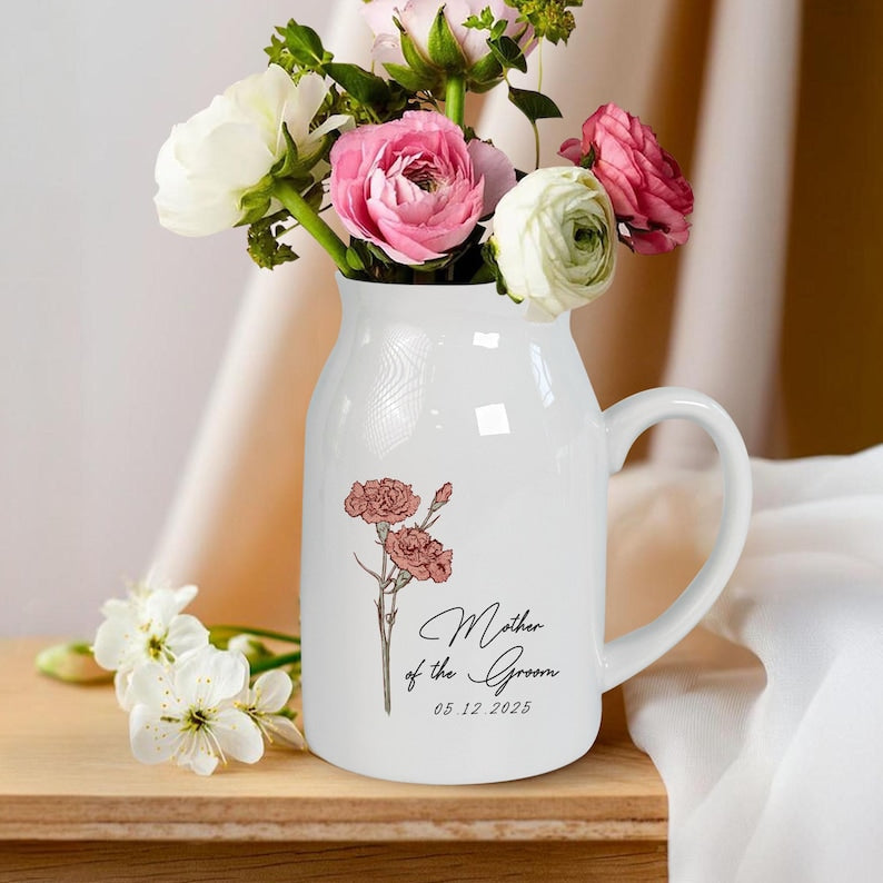Personalized Wedding Gift For Mother Of The Bride & Groom,Mother's Day Gift For Mom,Birth Month Flower Vase,Mother of the Bride Ceramic Vase