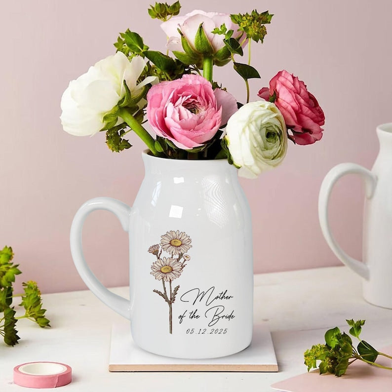 Personalized Wedding Gift For Mother Of The Bride & Groom,Mother's Day Gift For Mom,Birth Month Flower Vase,Mother of the Bride Ceramic Vase
