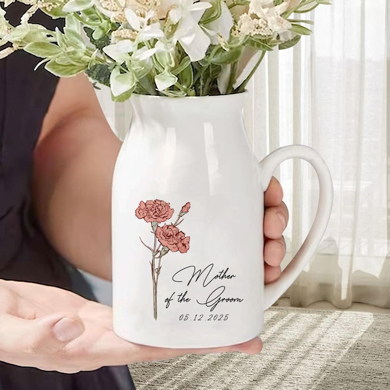Personalized Wedding Gift For Mother Of The Bride & Groom,Mother's Day Gift For Mom,Birth Month Flower Vase,Mother of the Bride Ceramic Vase