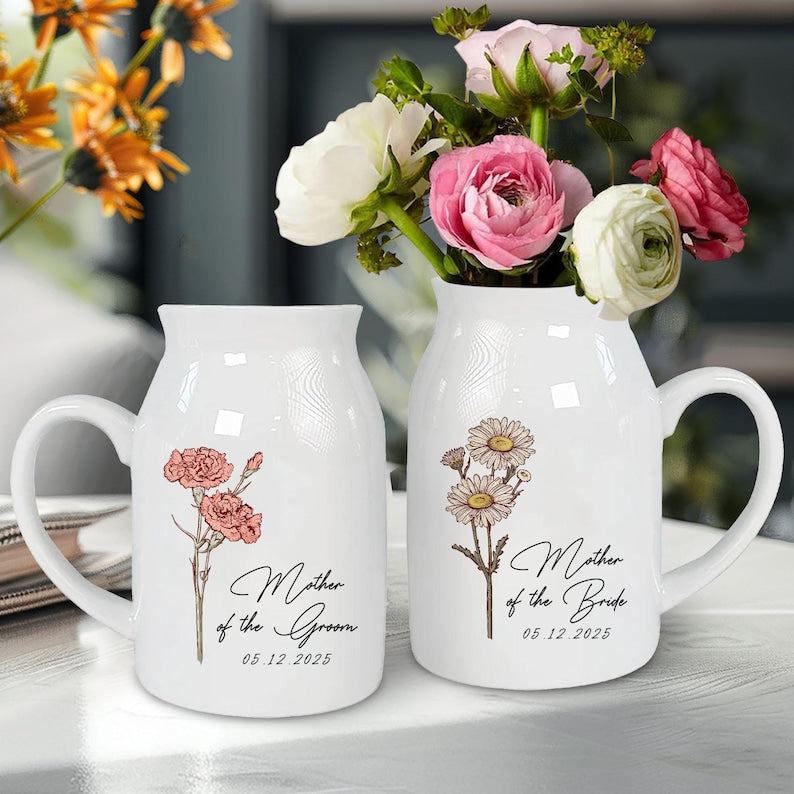 Personalized Wedding Gift For Mother Of The Bride & Groom,Mother's Day Gift For Mom,Birth Month Flower Vase,Mother of the Bride Ceramic Vase