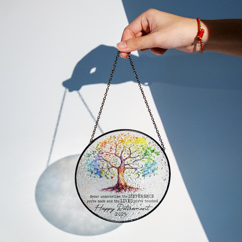 Personalized Retirement Gift: Tree of Life Stained Glass Suncatcher, Colleague Retirement Keepsake, Retired Coworker Christmas