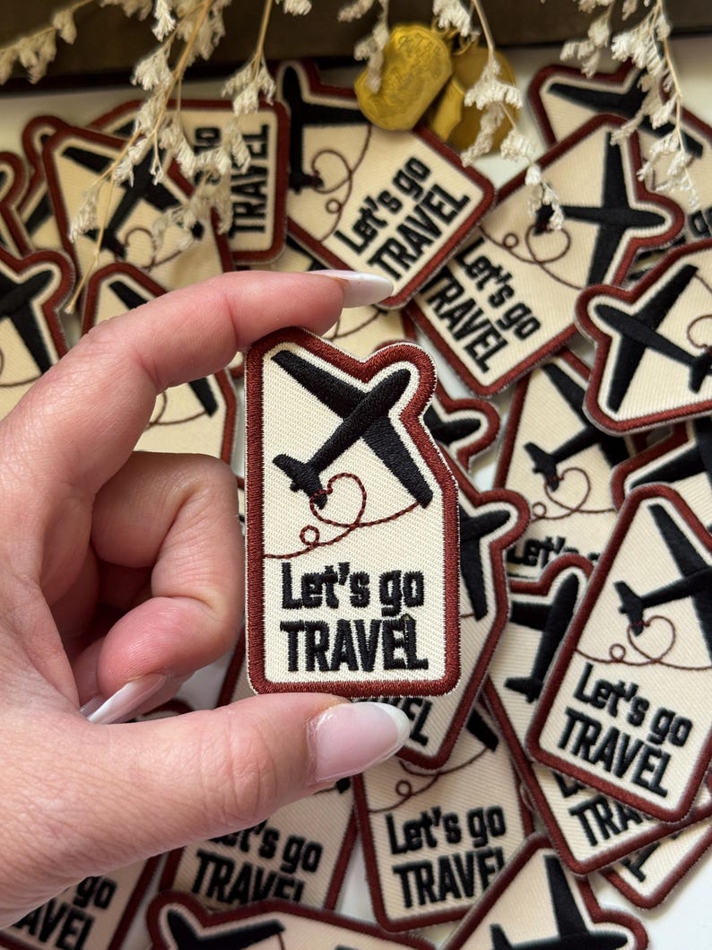 Stick On Travel Embroidered Patch | Let's Go Travel | Applique | Bag Deco | Red Traveler's Notebook Love and Trip Planner Accessory