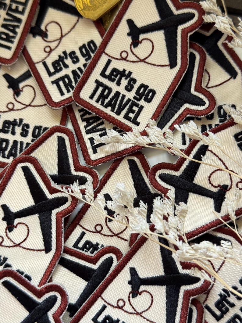 Stick On Travel Embroidered Patch | Let's Go Travel | Applique | Bag Deco | Red Traveler's Notebook Love and Trip Planner Accessory