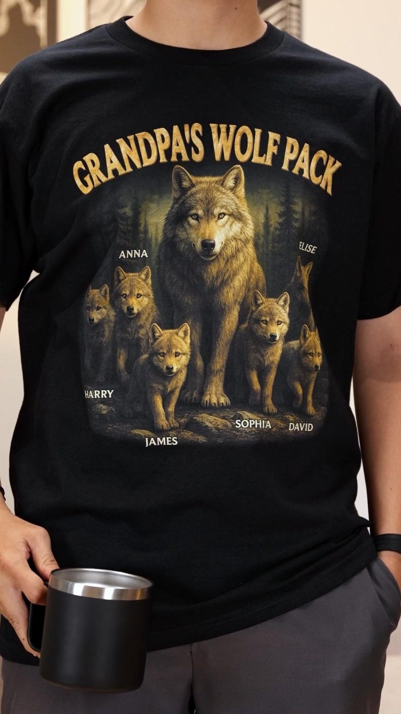 Papa s Wolf Pack - Family Personalized Custom T-shirt- Father's Day, Gift For Dad, Grandpa, Father's Day Gift, Hand Dad Gift