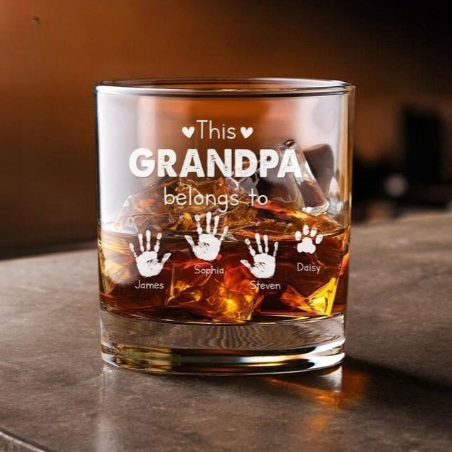 This Grandpa Belongs To Whiskey Glass, Custom Kids Name Whiskey Glass For Grandpa, Custom Gift For Dad, Father's Day Gifts, Grandpa Cup