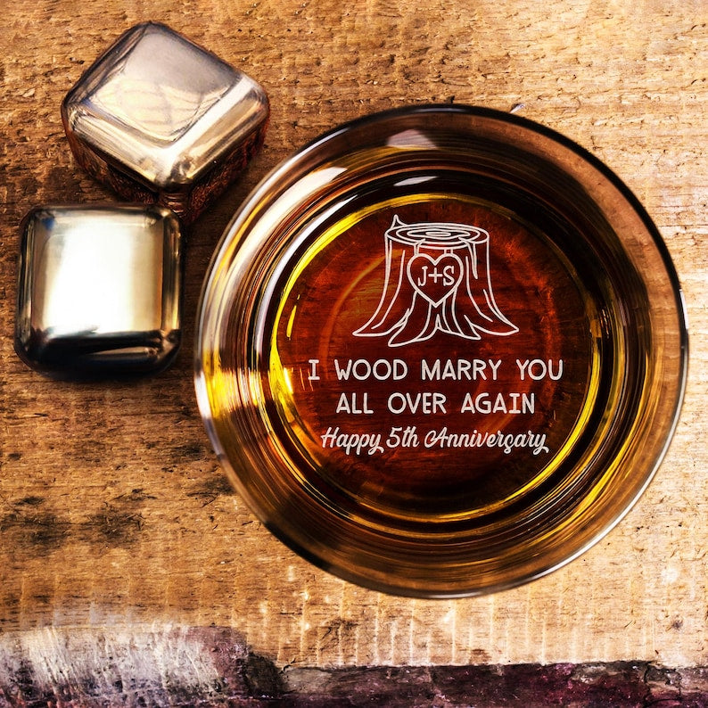 Custom 5th Anniversary Whiskey Glass - Personalized Wood Anniversary Gift for Him, I Wood Marry You Again