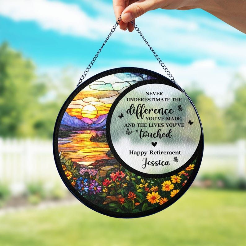 Stained Glass Retirement Suncatcher Personalized Floral Retirement Window Decor, Colleague Retirement Keepsake, Retirement Gift For Coworker