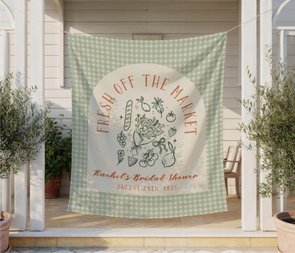 Fresh Off the Market Bridal Shower Banner, Farmers Market Theme Tapestry for Bride-to-Be, Custom Name & Date Sign