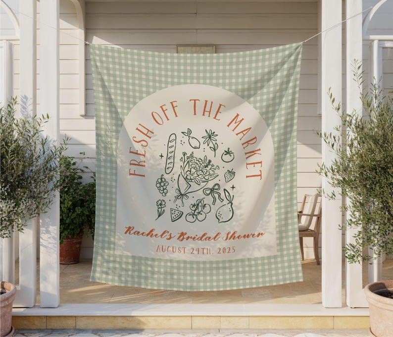 Fresh Off the Market Bridal Shower Banner, Farmers Market Theme Tapestry for Bride-to-Be, Custom Name & Date Sign