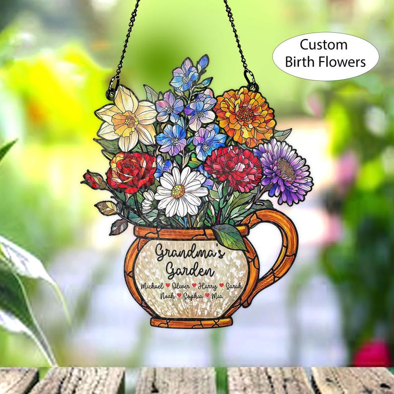 Personalized Grandma's Garden Suncatcher, Birth Month Flower Stained Glass Acrylic Window Hanging, Mother's Day Gift, Grandma Gift, Mom Gift