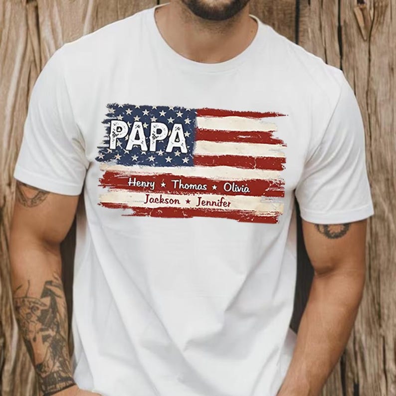 Personalized Papa Shirt With Grandkids Name Flag Shirt, 4th Of July Shirt, USA Flag Shirt, New Grandpa Shirt, Gift For Father's Day